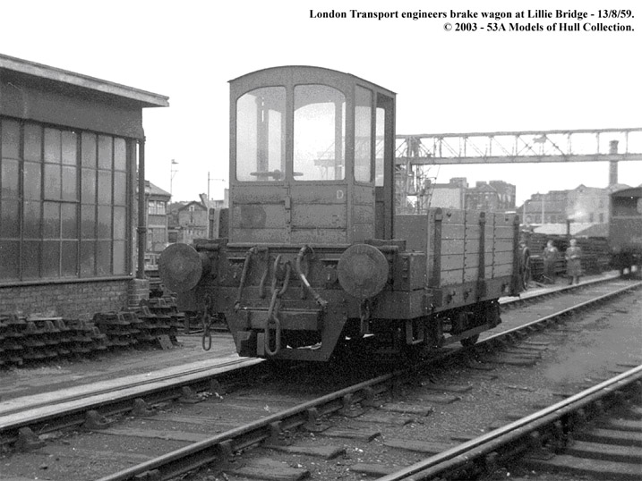 London Transport engineers brake wagon at Lillie Bridge 13/08/59