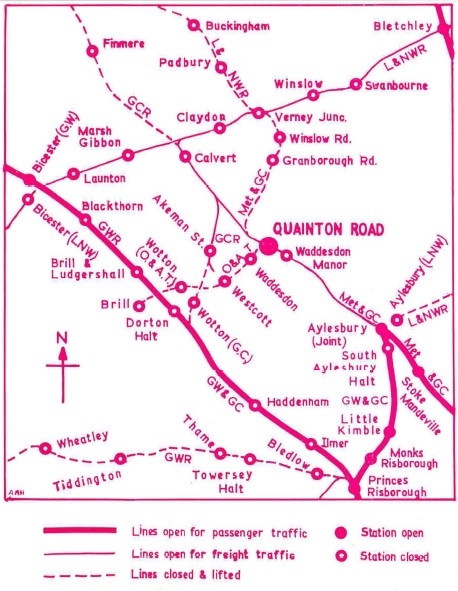 Map showing the railways around Quainton Road.