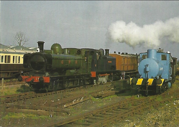 No. 7715 GWR 0-6-0 pannier tank and <I>Coventry No. 1</i>, North British 0-6-0 tank locomotives double-heading a train of
vintage carriages with Barclay fireless locomotive No. 2243 on a goods train at Quainton Road Station - photo by T Davey QP8 - GWR No. 7715, <i>Coventry</i> No. 1 and Barclay fireless No. 2243